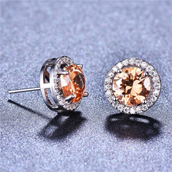Elegant Round Cut Champagne Topaz Stud Earrings - Picture 4 of 4